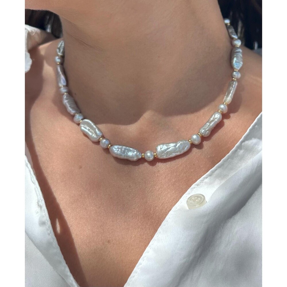 16 Silver Gray Biwa Stick Textured Pearl Choker. Boho & Beach Necklace
